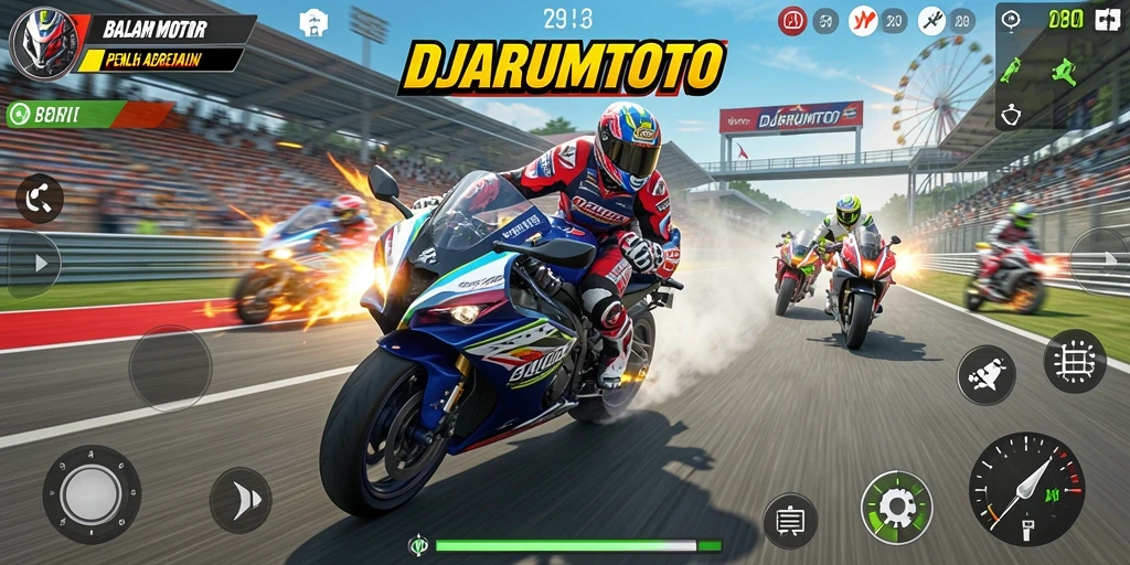 Screenshot gameplay DJARUMTOTO yang menampilkan balapan motor yang penuh aksi.