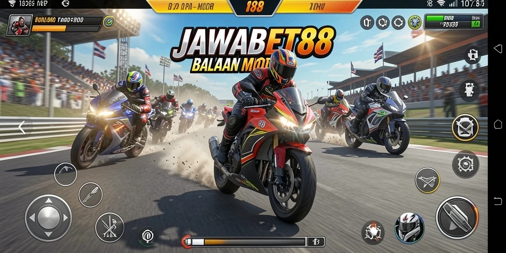 Screenshot utama JAWABET88 menampilkan aksi balapan motor yang seru.