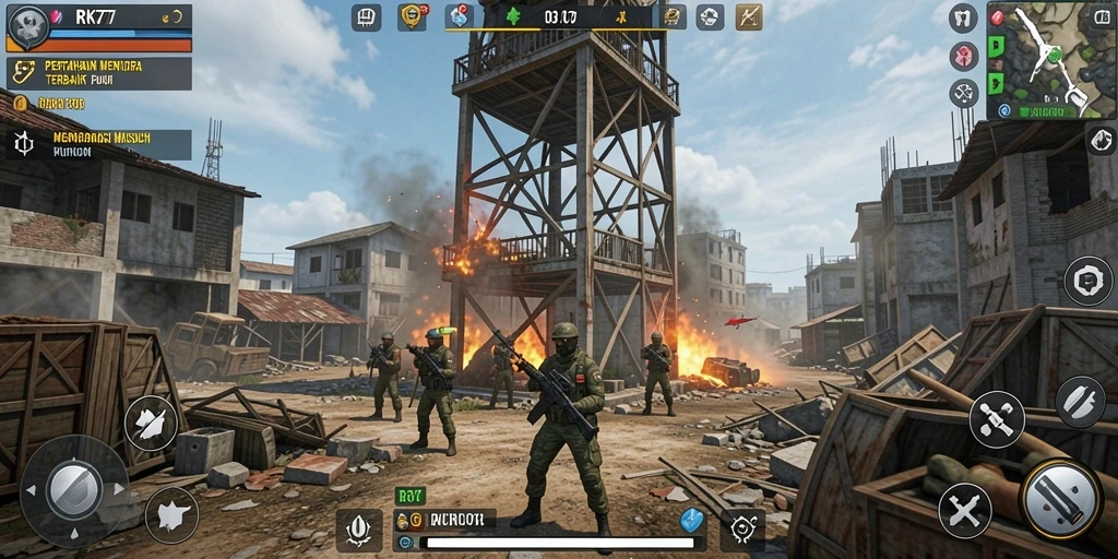 Tampilan gameplay menegangkan dalam RK77 dengan menara yang siap mempertahankan.